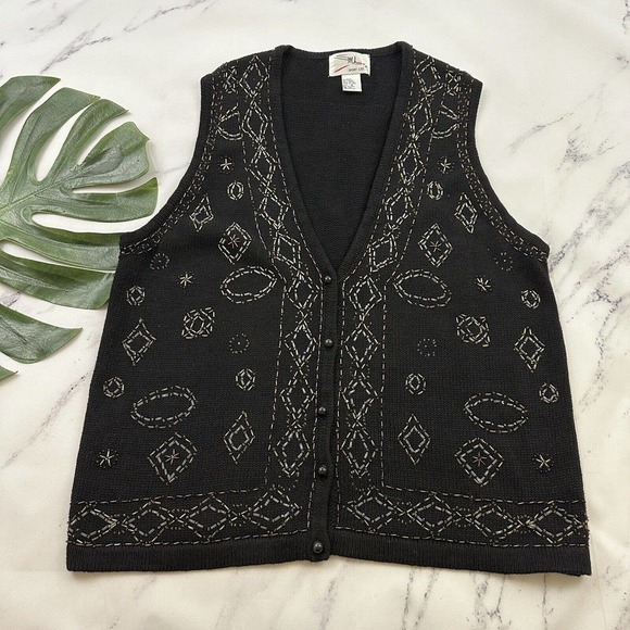SML Sport Womens Vintage 90s Sweater Vest Size M Black Brown Floral Beaded Knit - Picture 1 of 9